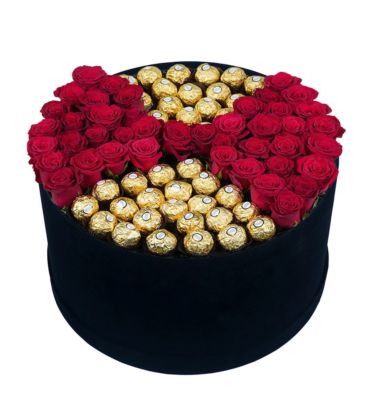 Siyah Kadife Kutuda Kırmızı Güller ve Çikolata 