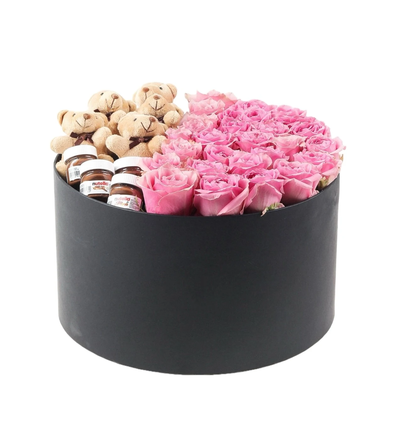 Siyah Oval Kutuda Ayıcık ve Pembe Güller 